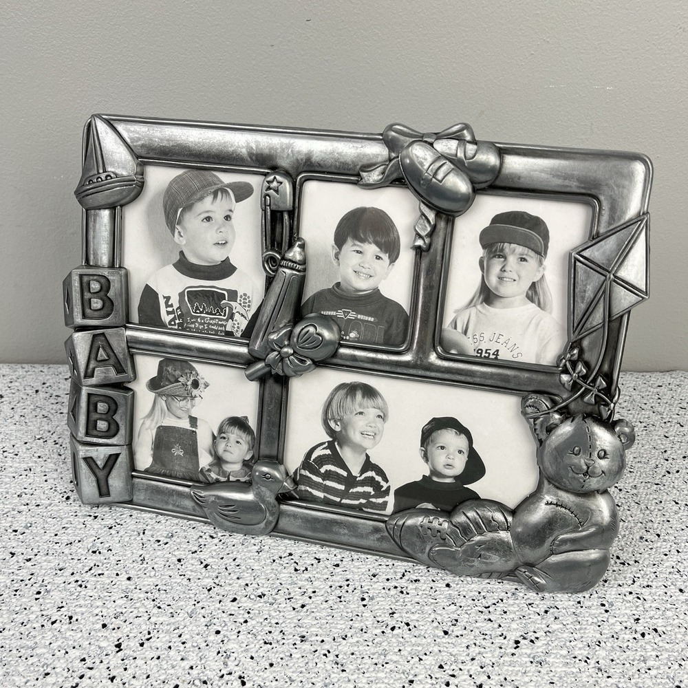 Pewter BABY Photo Collage‎ Vintage Picture Frame Easel Back Nursery